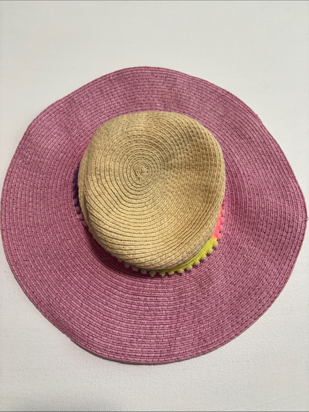 Target Pink Wide-Brim Straw Hat with Natural Crown and Pom Trim